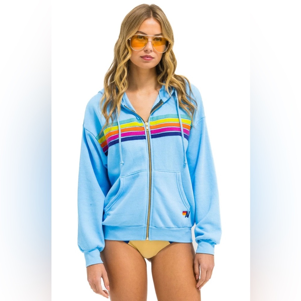 Aviator Nation Light Blue Hoodie with Multicolor Stripes